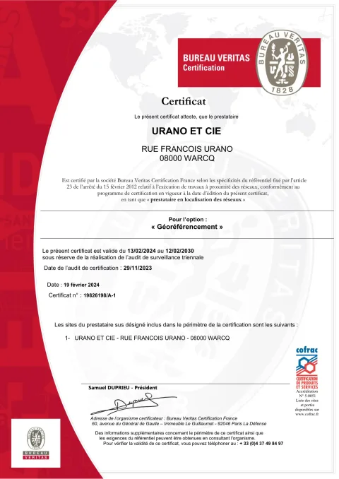 Certificat Bureau Veritas géoréférencement délivré à URANO et Cie