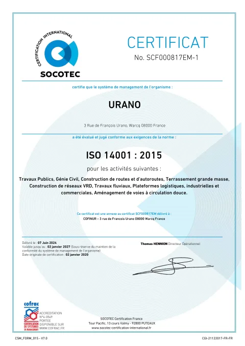 Certificat SOCOTEC ISO 14001 version 2015 délivré à URANO