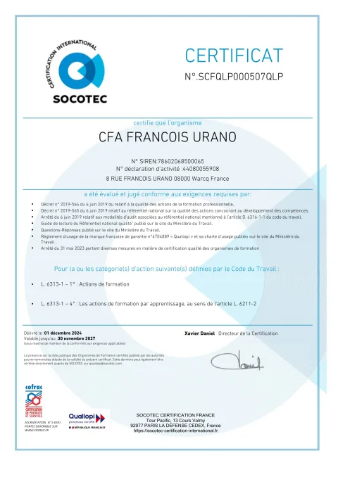 Certificat Qualiopi SOCOTEC n° SCFQLP000507QLP délivré au CFA François Urano