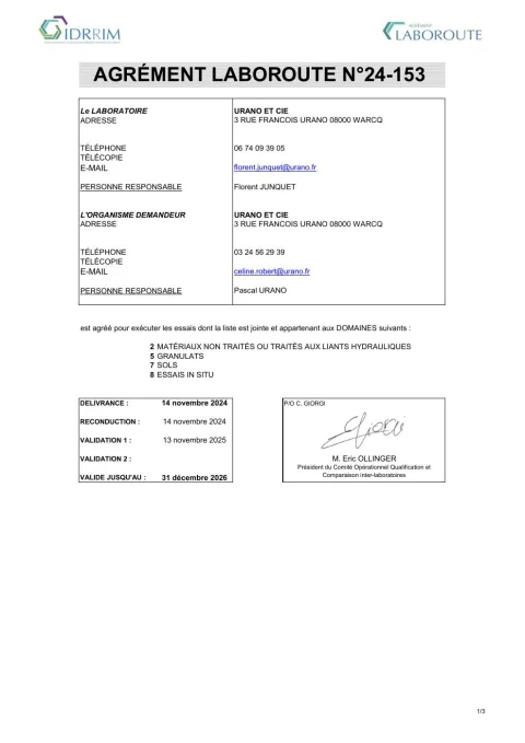 Agrément LABOROUTE n° 24-153 délivré au laboratoire URANO et Cie