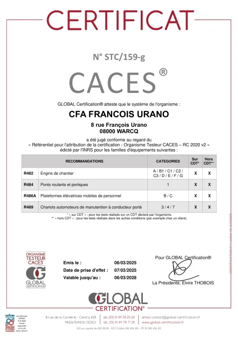 Certificat organisme testeur CACES GLOBAL Certification n° STC/159-g délivré au CFA François Urano
