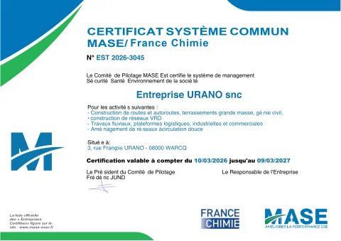 Certificat MASE / France Chimie délivré à URANO